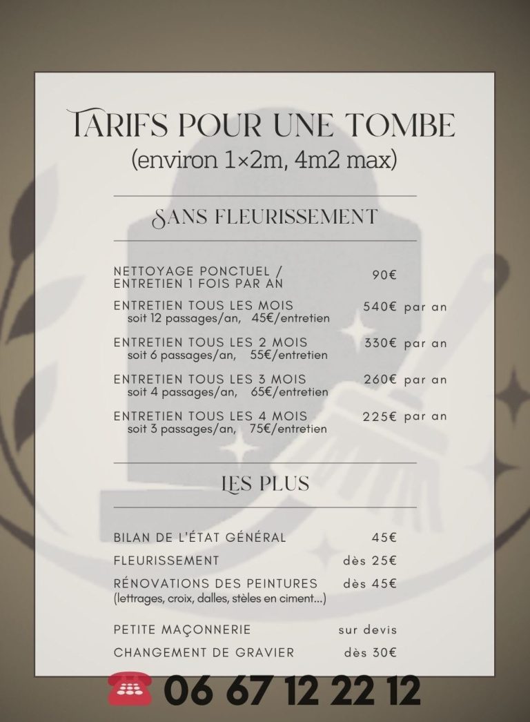 Tarifs pour un nettoyage de tombe, incluant des options de services.
