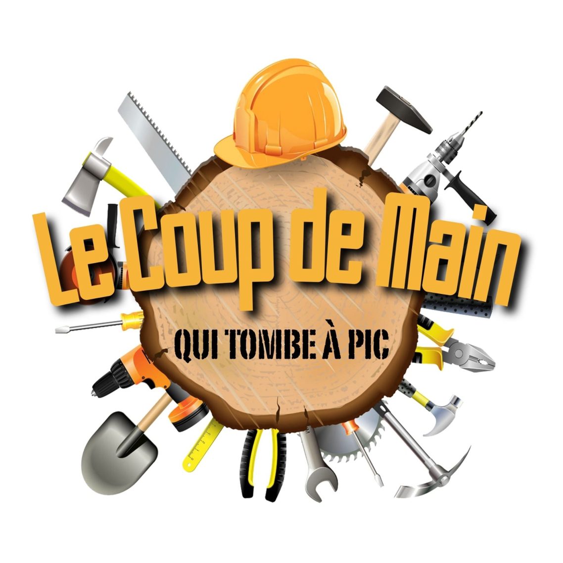 Logo de "Le Coup de Main" avec outils autour d'un tronc d'arbre et un casque de sécurité.