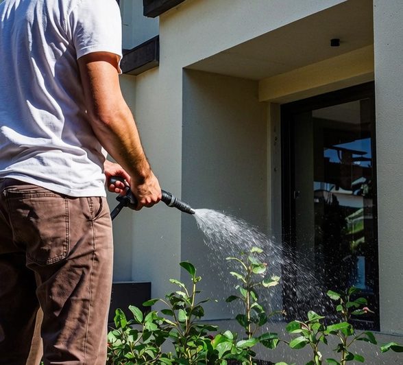 Homme arrosant des plantes près d'une maison avec un tuyau.